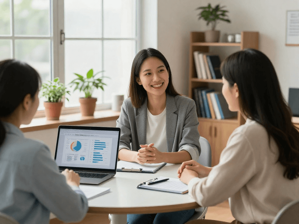 Credit advisor discussing consolidation strategies with client in a warm, inviting office.