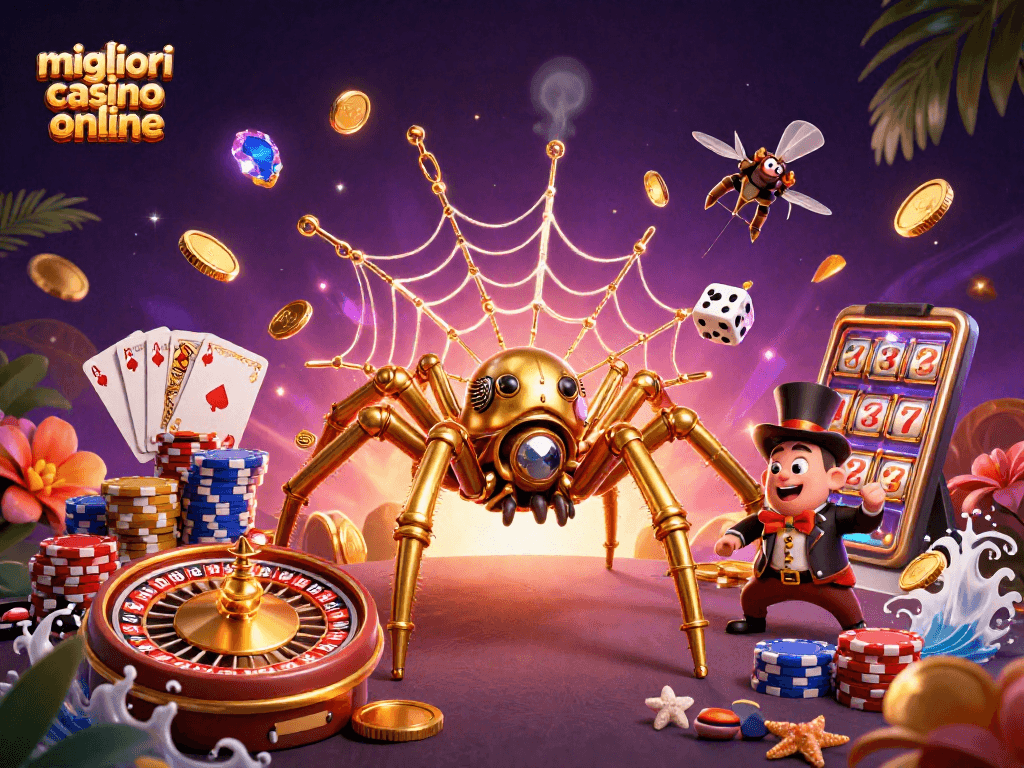 Scopri i migliori casino online con una scena vivace di azione di gioco, caratterizzata da un ragno steampunk d'oro.