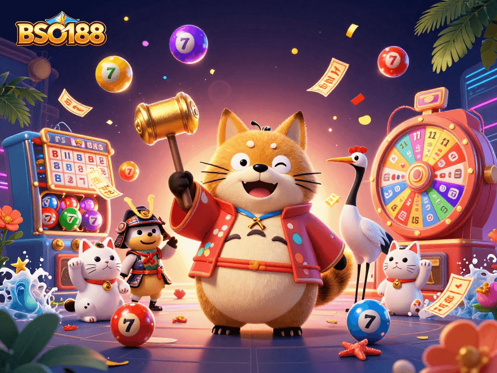 Experience the fun of BSO188 gaming with a vibrant, festive 3D illustration of lucky symbols.