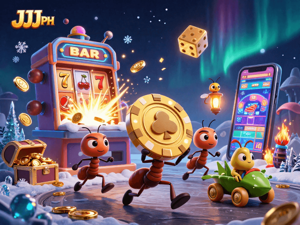 Experience thrilling gameplay with JJJPH as ants heist golden poker chip amidst dazzling casino chaos.