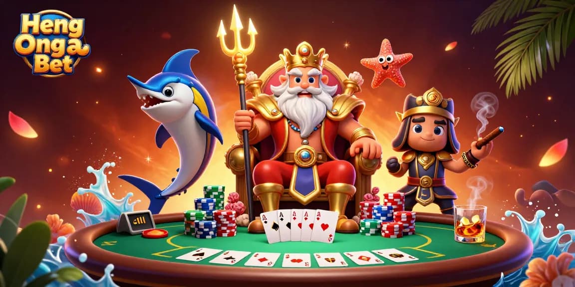 Engage with Heng Ong Bet in a vibrant 3D casino scene featuring Neptune and poker elements.