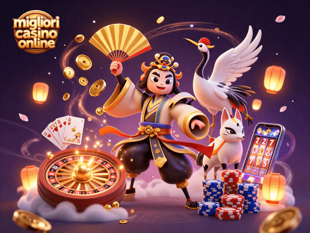 Scopri i migliori casino online con un guerriero kabuki e simboli di gioco scintillanti.