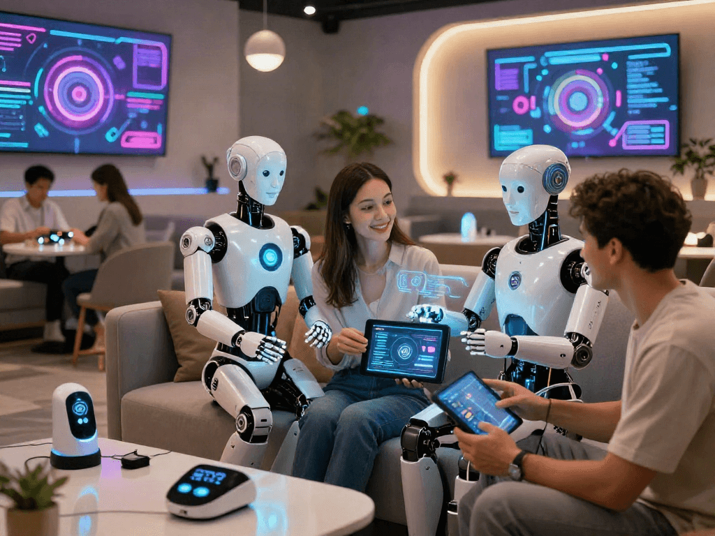 Engagement with advanced sex bot in a modern lounge setting, showcasing intimate user interaction.