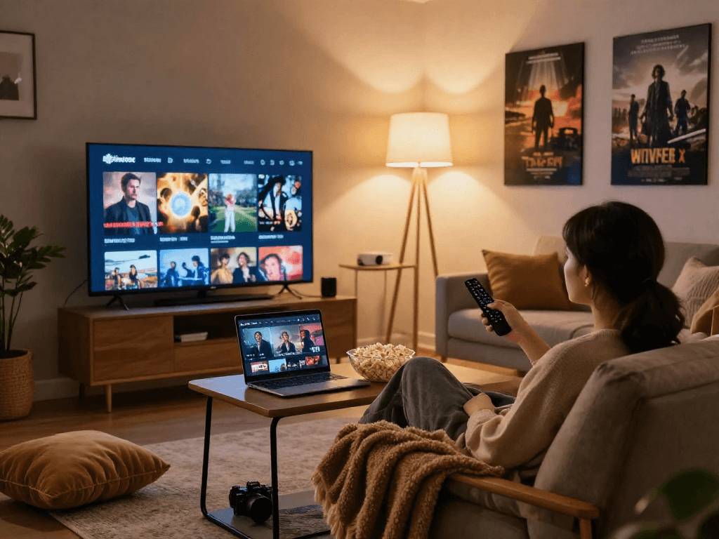 Cozy movie night scene featuring Moviebox on a smart TV, popcorn, and a relaxed viewer.