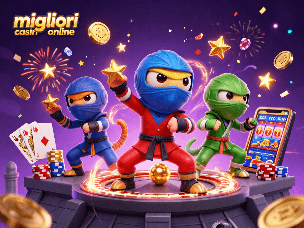 Gioca con i migliori casino online e scopri vincite stellari con un'illustrazione vivace di chameleon ninja.