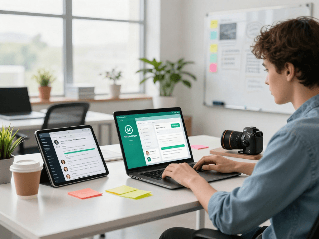Developer creating features for gb whatsapp on a laptop, colorful sticky notes, bright office setting.
