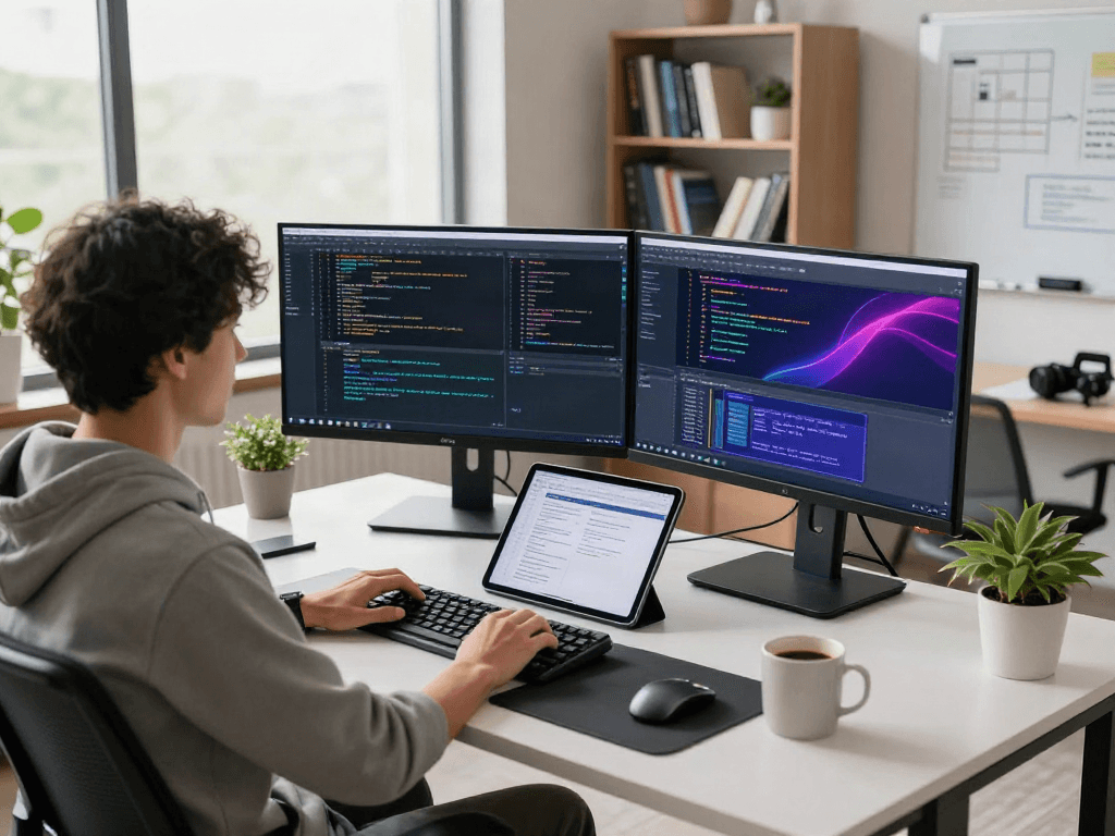 Pikashow in action: A developer coding on dual monitors in a modern tech workspace.