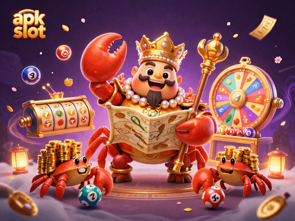 Menangkan apk slot dengan raja kepiting emas dan simbol slot buah yang menari ceria.