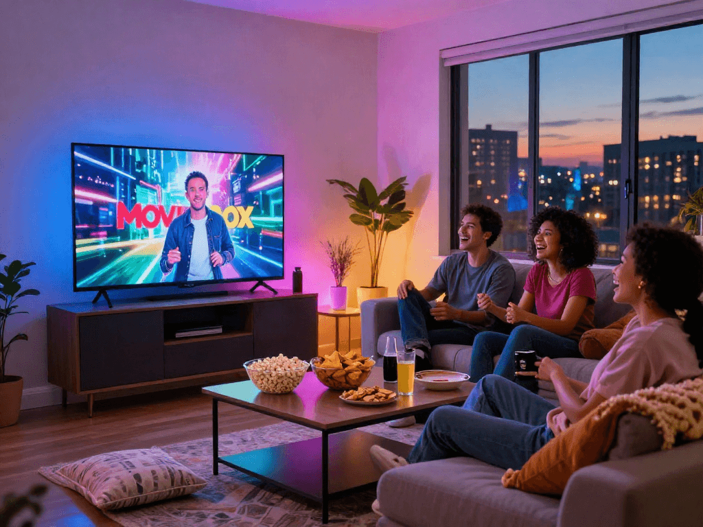 Group enjoying a movie night with Moviebox, snacks, and a cozy setting.