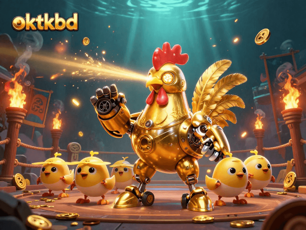 Experience the engaging scene of oktkbd with a stunning golden rooster robot and drones at a casino