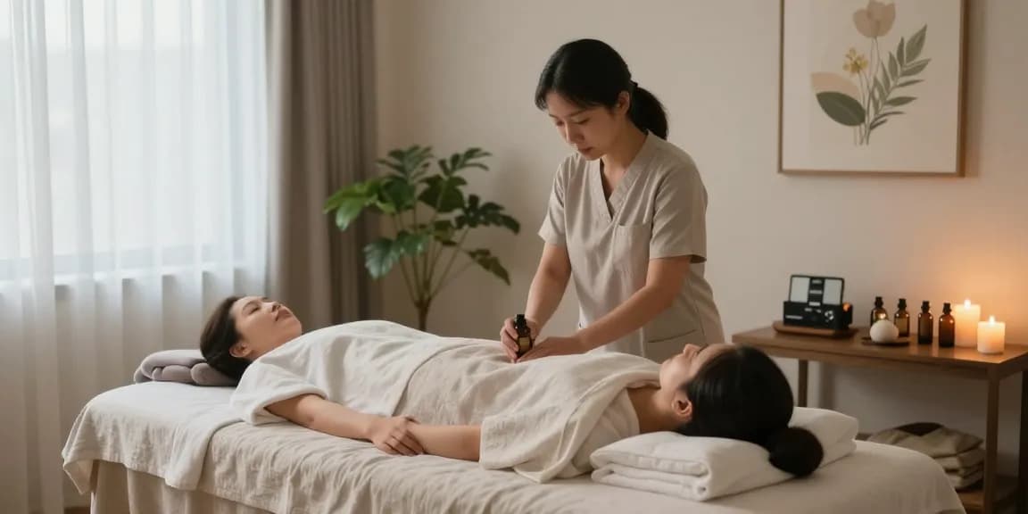 하남출장마사지 session in a calming therapy room with candles and plants.