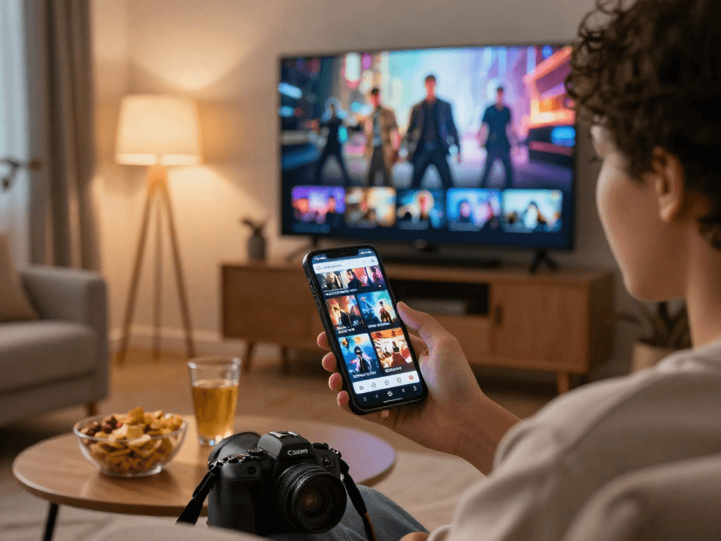 Discover filmyzilla APK on a smartphone in a cozy living room while enjoying a movie night.