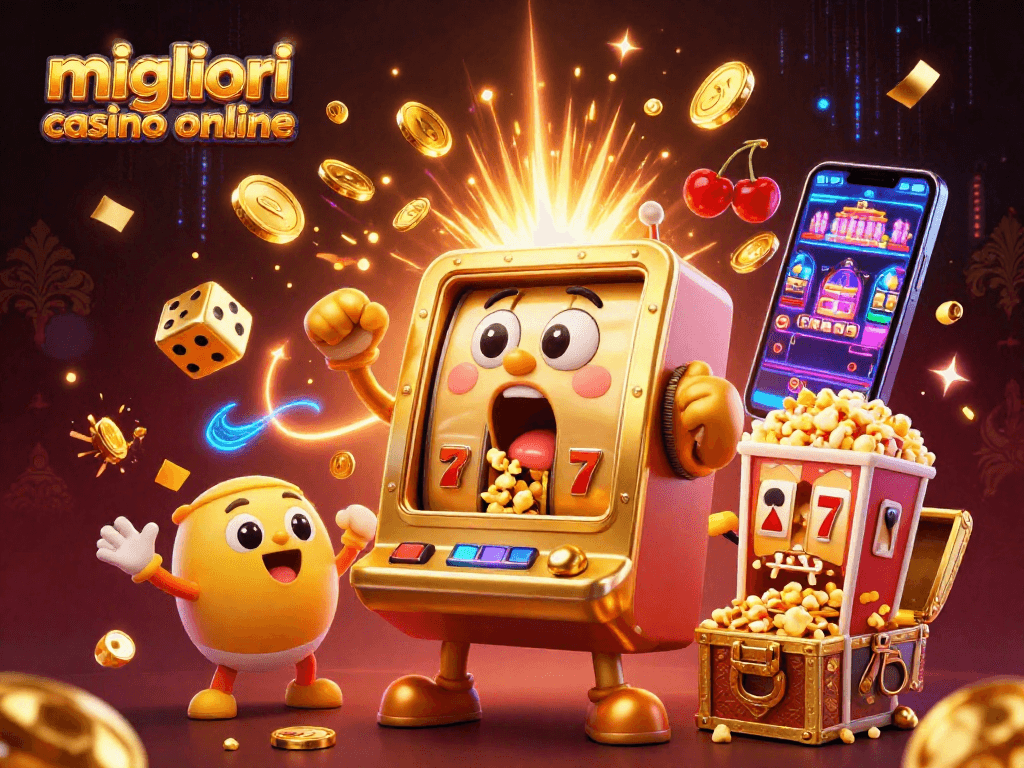 I migliori casino online presentano una scena vibrante con una slot machine dorata e festanti baby slot machines.