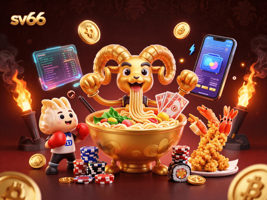 Experience the excitement of sv66 with vibrant casino characters and crypto elements in this dynamic illustration.