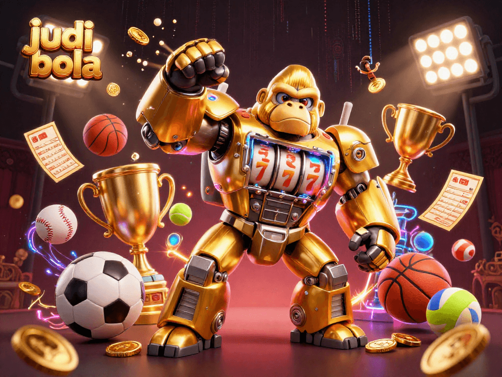 Engaging judi bola experience with a dynamic mech and flying sports elements in a vibrant casino setting.