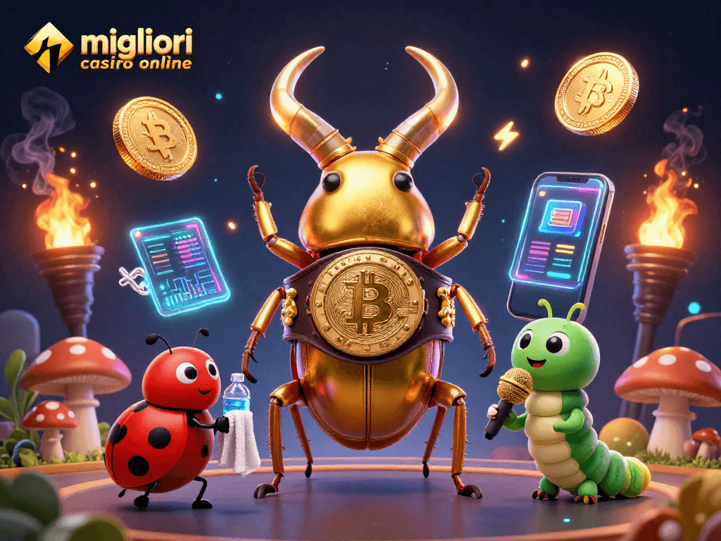 Illustrazione di migliori casino online con un cervo dorato, un piccolo coccinella e un bruco, circondati da monete 3D.