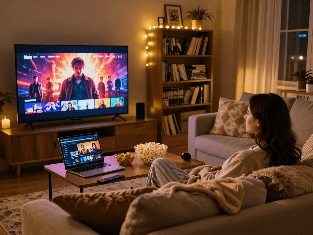 Enjoying a cozy movie night at home using Moviebox app with snacks and comfortable ambiance.