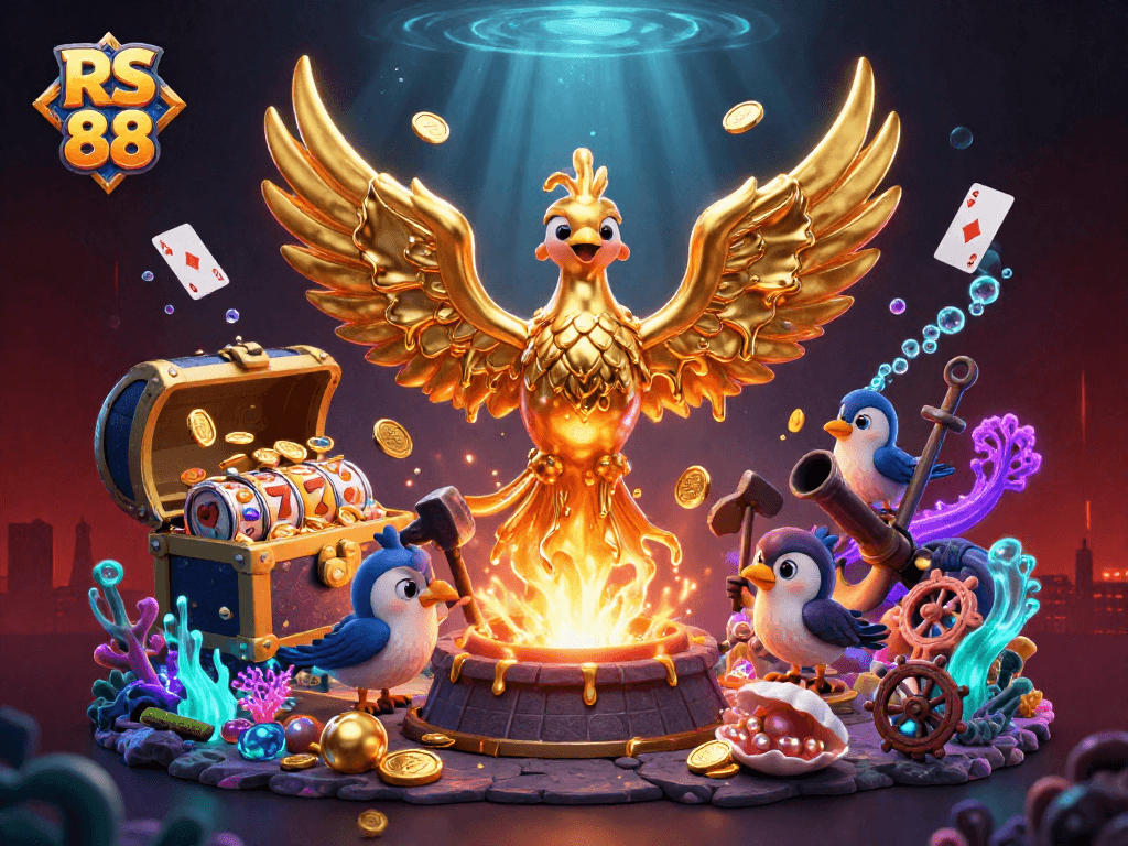Experience the thrill of RS 88 with a vibrant 3D casino scene featuring exciting slots and dazzling treasures.