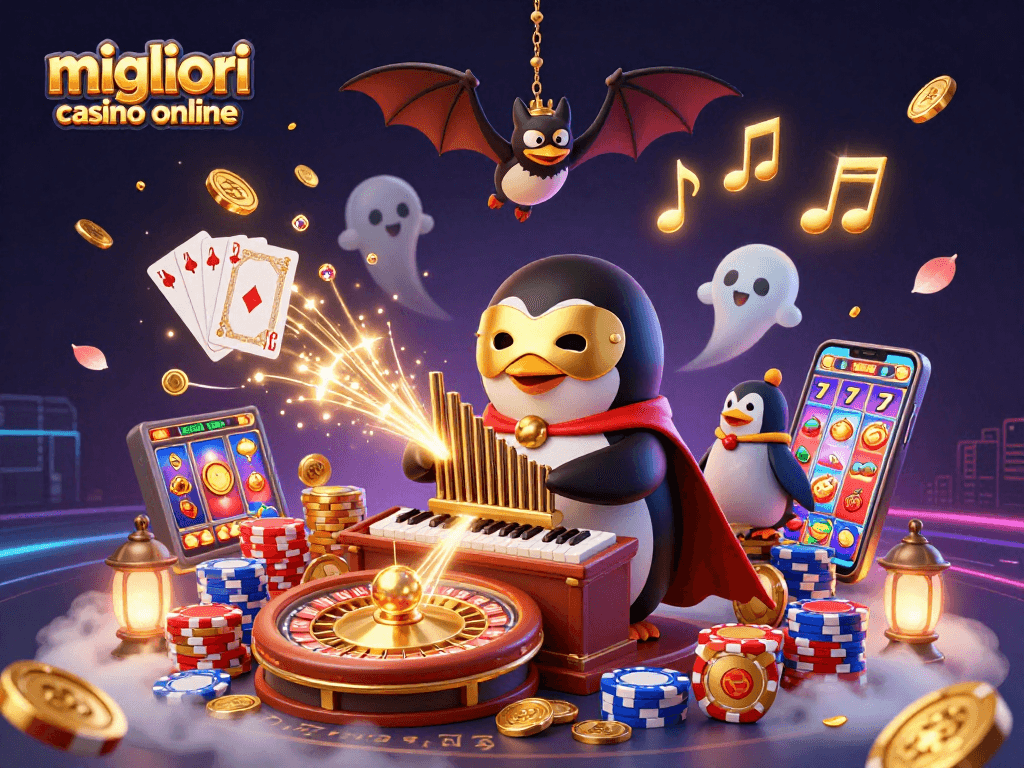 Scopri i migliori casino online con un'illustrazione vivace che mostra un pinguino fantasma e un pipistrello acrobata.