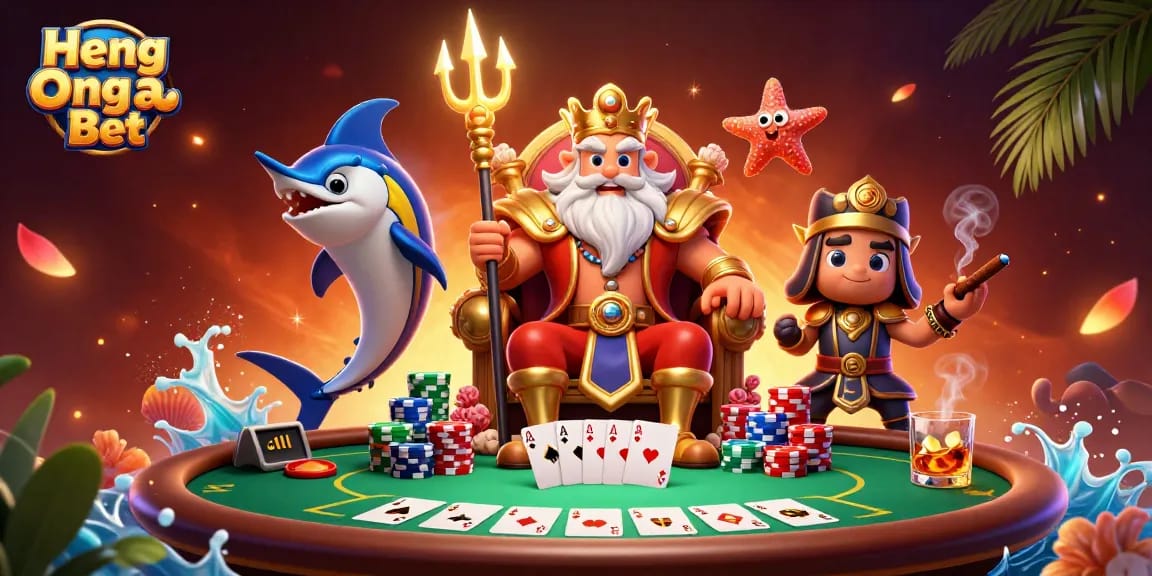 Engage with Heng Ong Bet in a vibrant 3D casino scene featuring Neptune and poker elements.