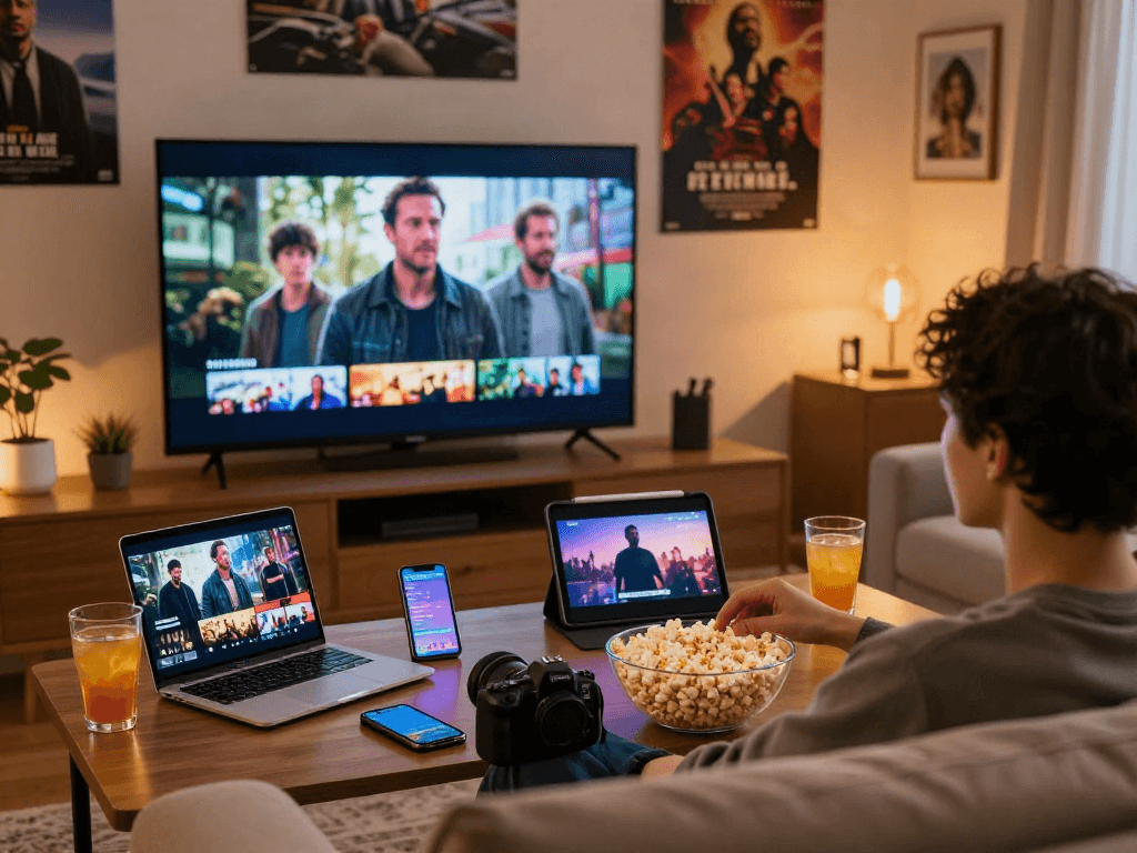 Enjoying a filmyzilla download on a cozy sofa with movies streaming on devices and popcorn.