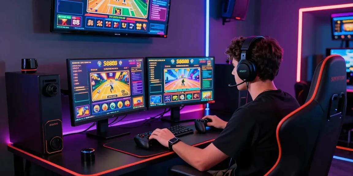 Player engaged in exciting slot888 online gaming experience at vibrant gaming station.