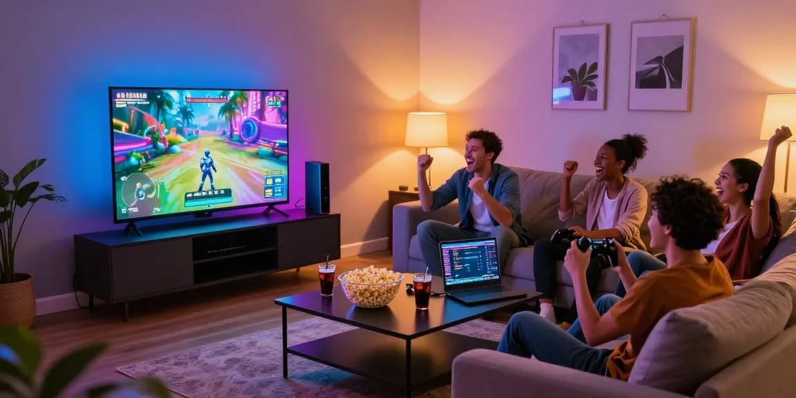 Engaging gaming night scene with friends enjoying lucky77 together.