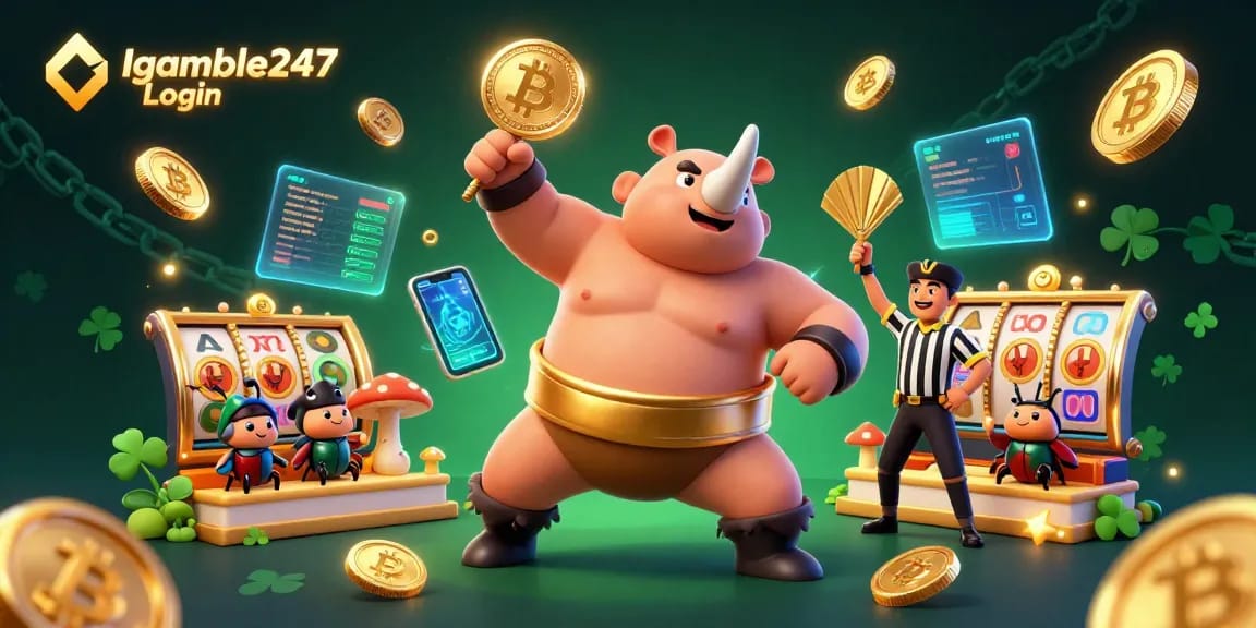 Igamble247 Login brings excitement as a champion beetle stomps golden coins in a vibrant casino scene.