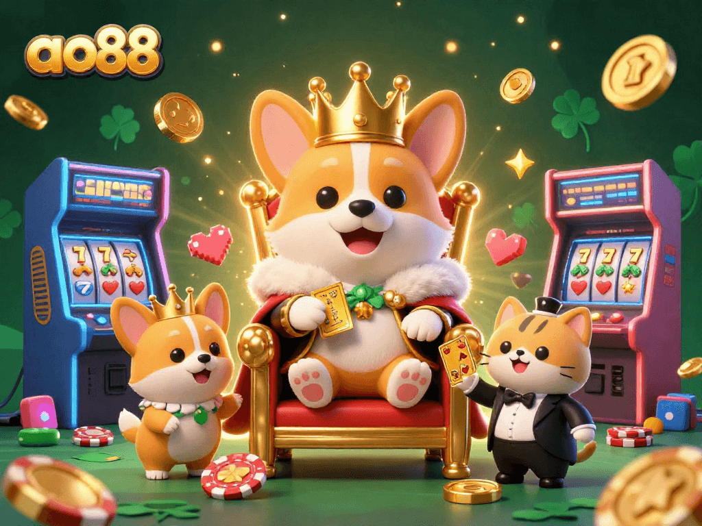 Experience the thrill of ao88 with a royal corgi at a vibrant casino scene showcasing slot games.