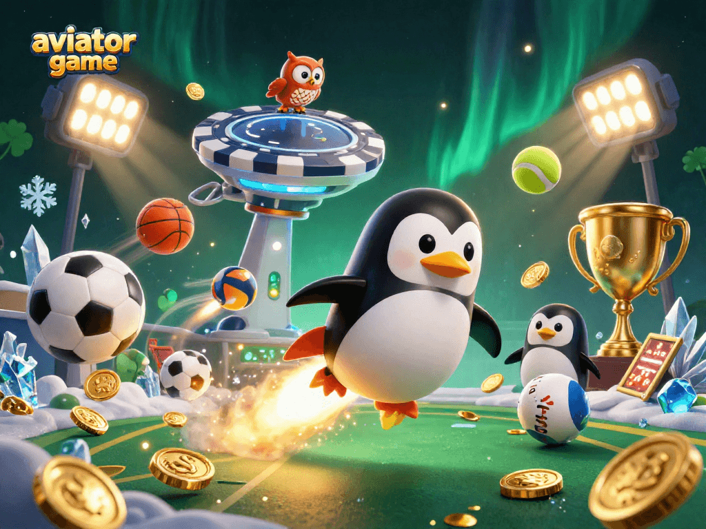 Play the aviator game in a cosmic casino adventure with a golden penguin and sports elements.