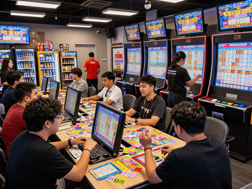 Excited players checking their Toto 4D numbers in a lively gaming hall.