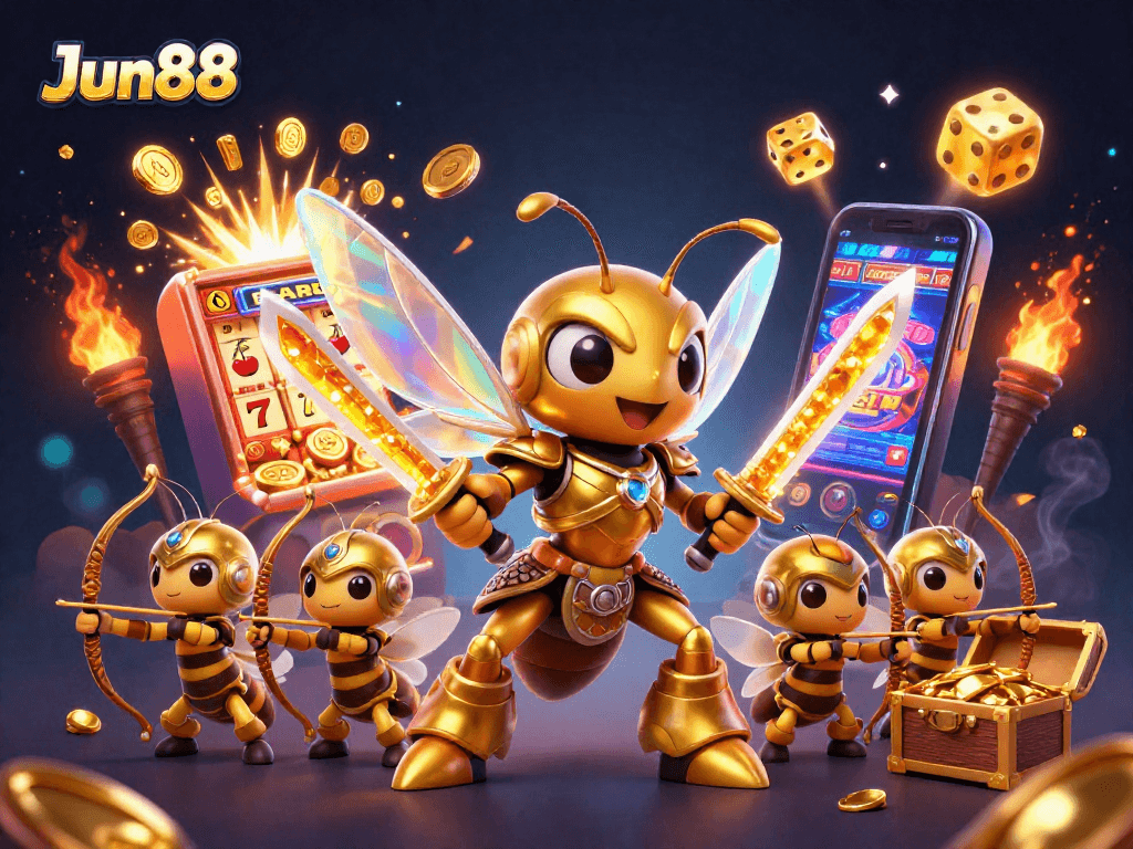 Join the excitement at Jun88 with vibrant casino games and epic wins illustrated dynamically.