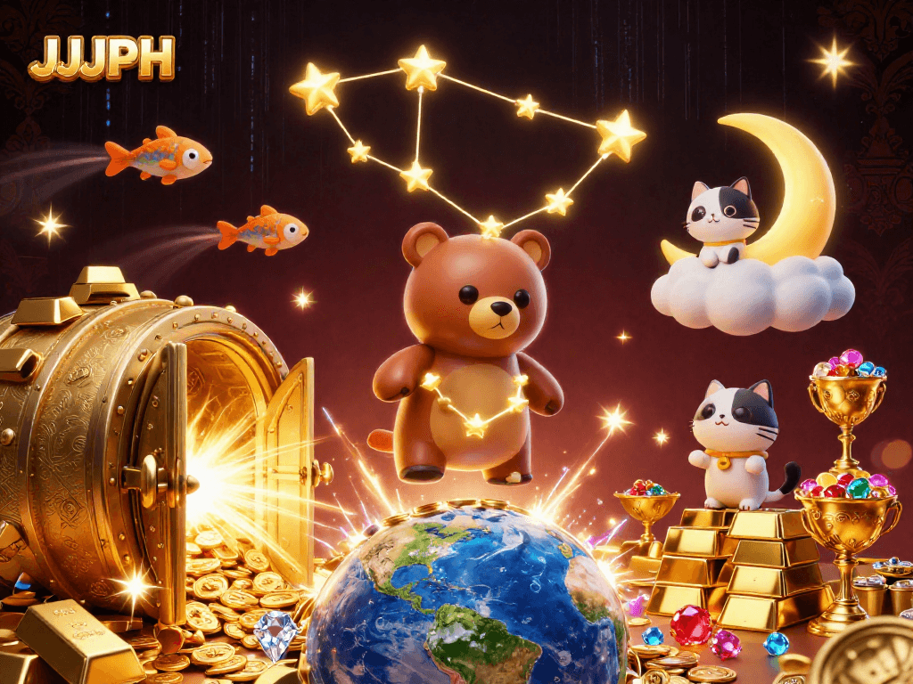Engage with JJJPH's enchanting 3D casino scene featuring celestial characters and rich gaming elements.