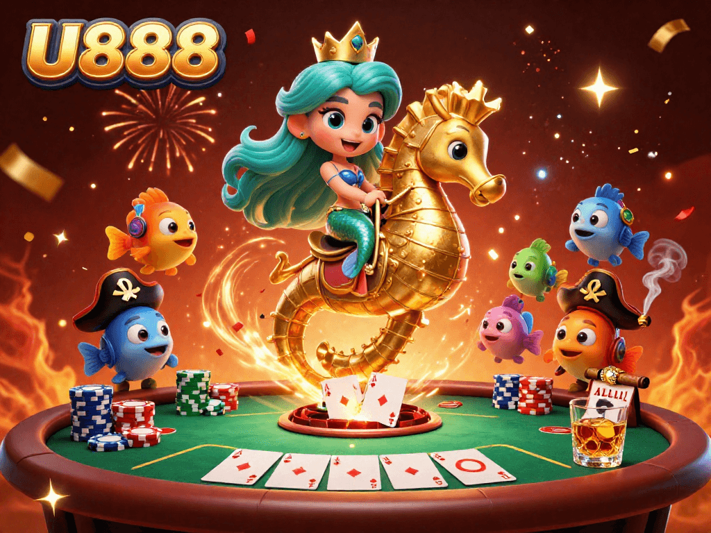 Exciting U888 casino scene with a mermaid princess and seahorse playing poker.