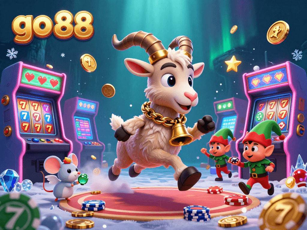 Experience a thrilling casino atmosphere at go 88, featuring festive Krampus, angel mouse, and elf gremlins amid festive gaming action.