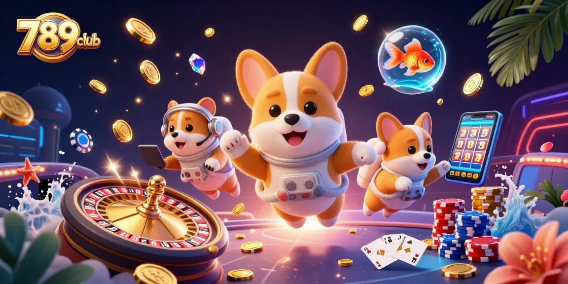 Engage with 789club in a vibrant 3D casino scene featuring a floating corgi and poker elements.