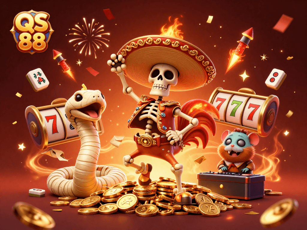 Celebrate winning moments with QS 88 in a vibrant casino illustration of a festive scene filled with gold coins and dynamic characters.