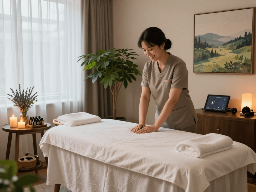 Luxury massage therapy room inviting clients for 영등포출장마사지 with soothing ambiance and expert therapist.