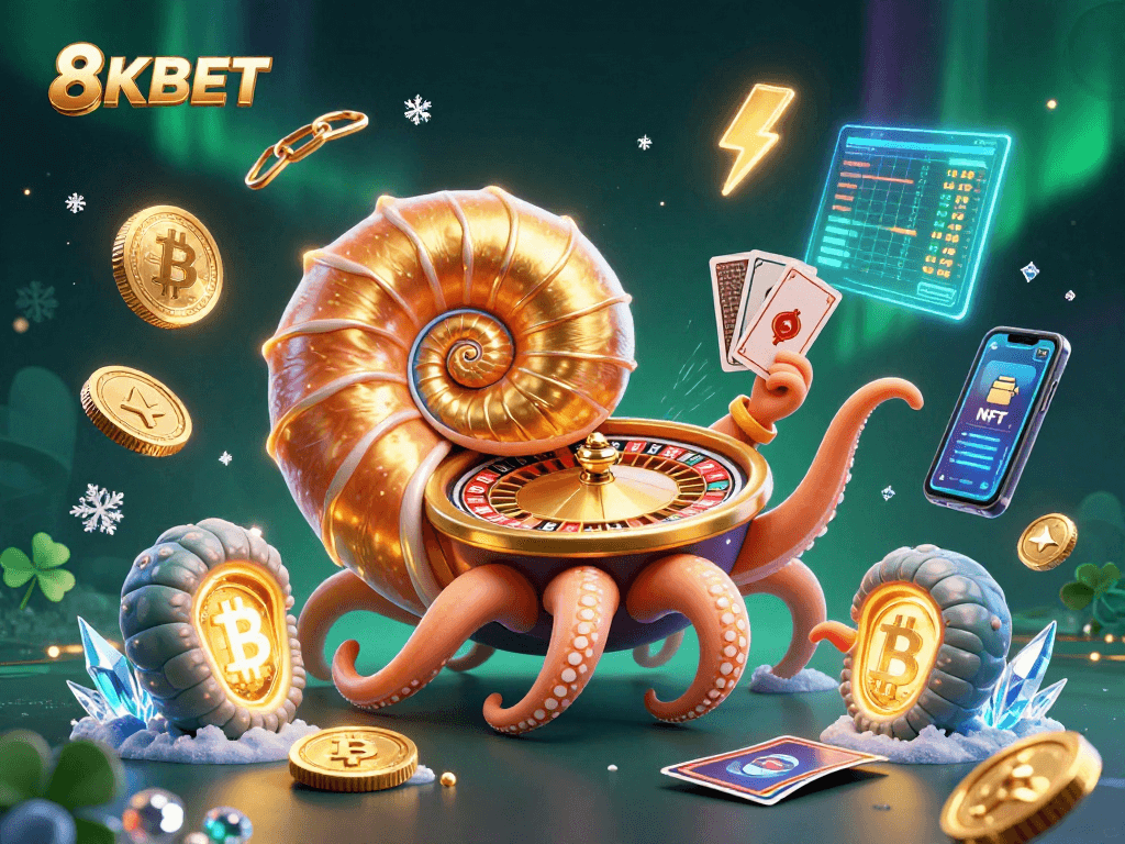 8KBET players engaging with a giant nautilus roulette wheel in a vibrant casino setting.