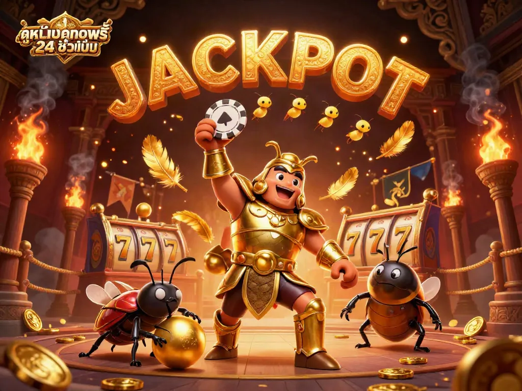 Experience ดูหนังออนไลน์ฟรี 24 ชั่วโมง with this vibrant 3D illustration showcasing a victorious beetle amid glimmering casino elements.