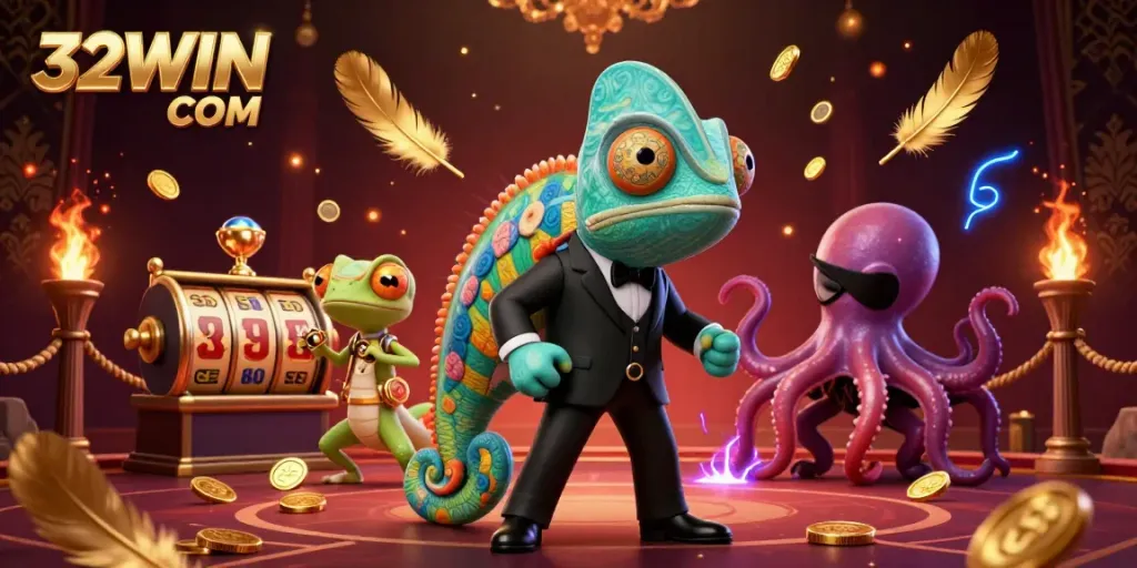 Engage with the vibrant world of 32WIN COM casino featuring colorful 3D characters amidst thrilling game elements.