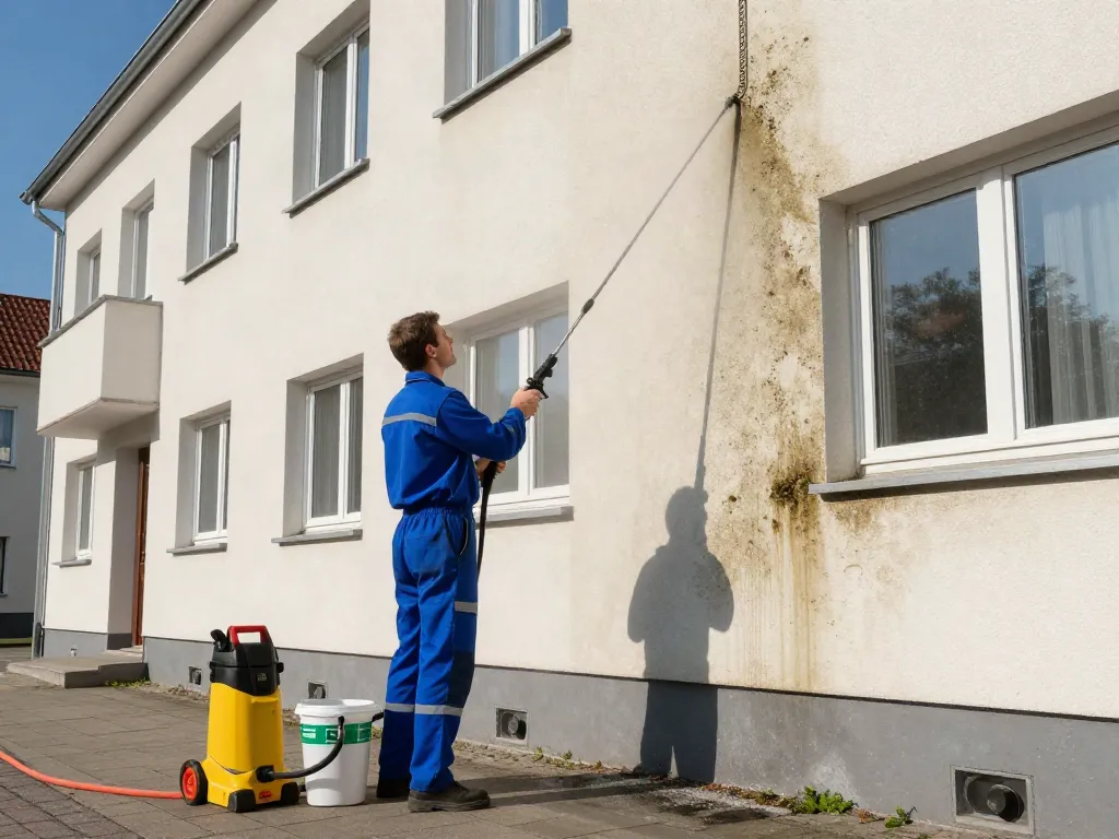 Fassadenreinigung Firma Bochum bei der Arbeit, Fachmann reinigt Fassade mit Hochdruckreiniger.