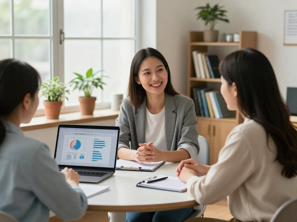 Credit advisor discussing consolidation strategies with client in a warm, inviting office.