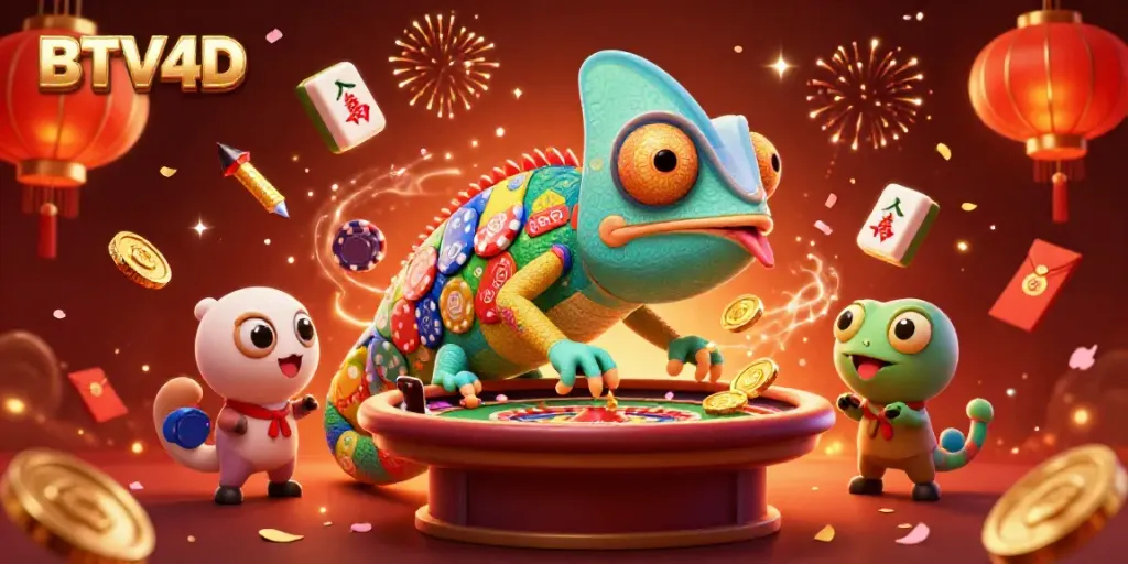 Ilustrasi kasino 3D kartun yang menunjukkan pemilik bunglon kasino BTV4D yang menarik koin emas, dikelilingi elemen permainan