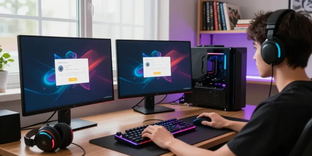 Engaged gamer using QQMacan login on a vibrant monitor, highlighted by ambient gaming setup.