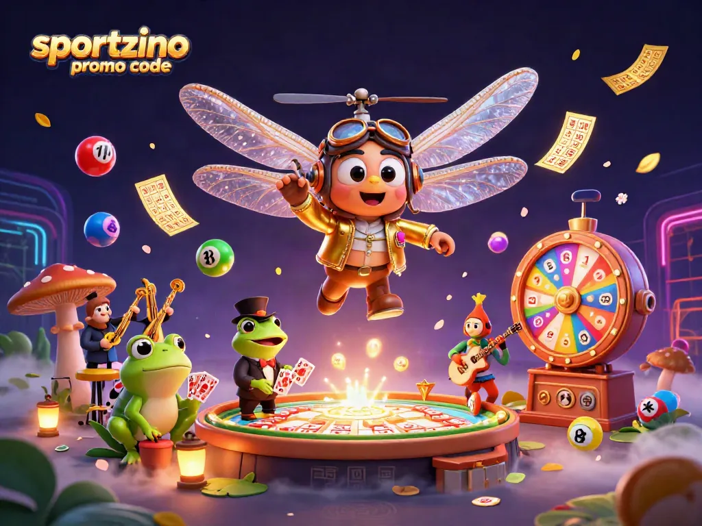 Engage with the vibrant atmosphere of Sportzino promo code scene, showcasing a dragonfly pilot and frog croupier.