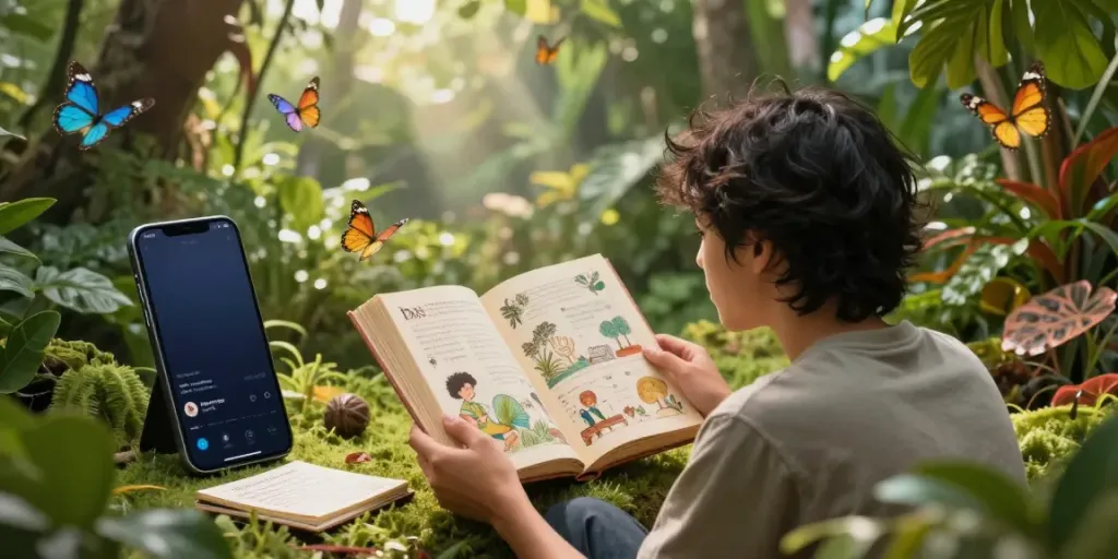 Pengalaman mendalam tentang bukumimpi138 dengan buku mimpi terbuka dalam suasana taman tropis.