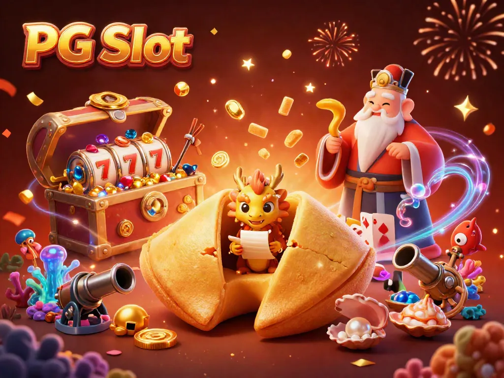 Memainkan PG Slot dari gambar ilustrasi kasino yang penuh warna dengan simbol keberuntungan dan karakter ceria.