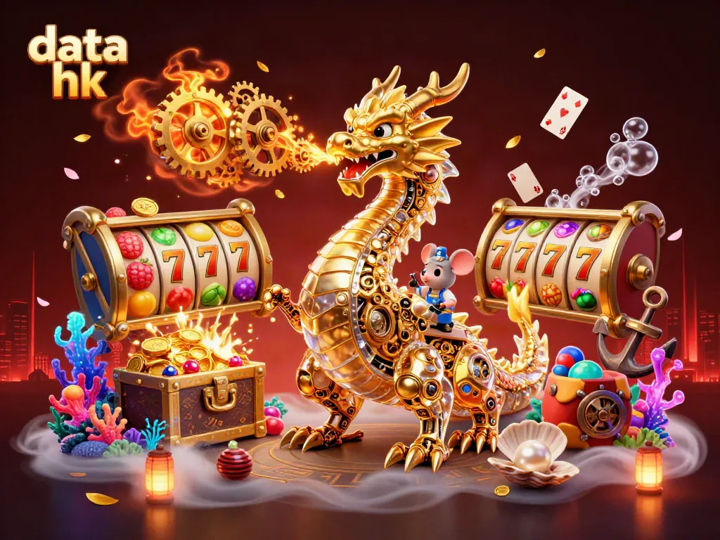Menang dengan data hk, ilustrasi kasino interaktif penuh warna dengan naga emas dan elemen permainan.