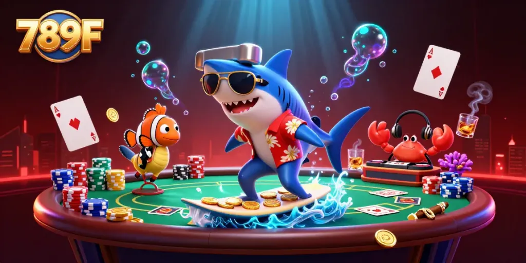 Experience thrilling casino action with 789F alongside colorful characters amidst gold coins and vibrant visuals.